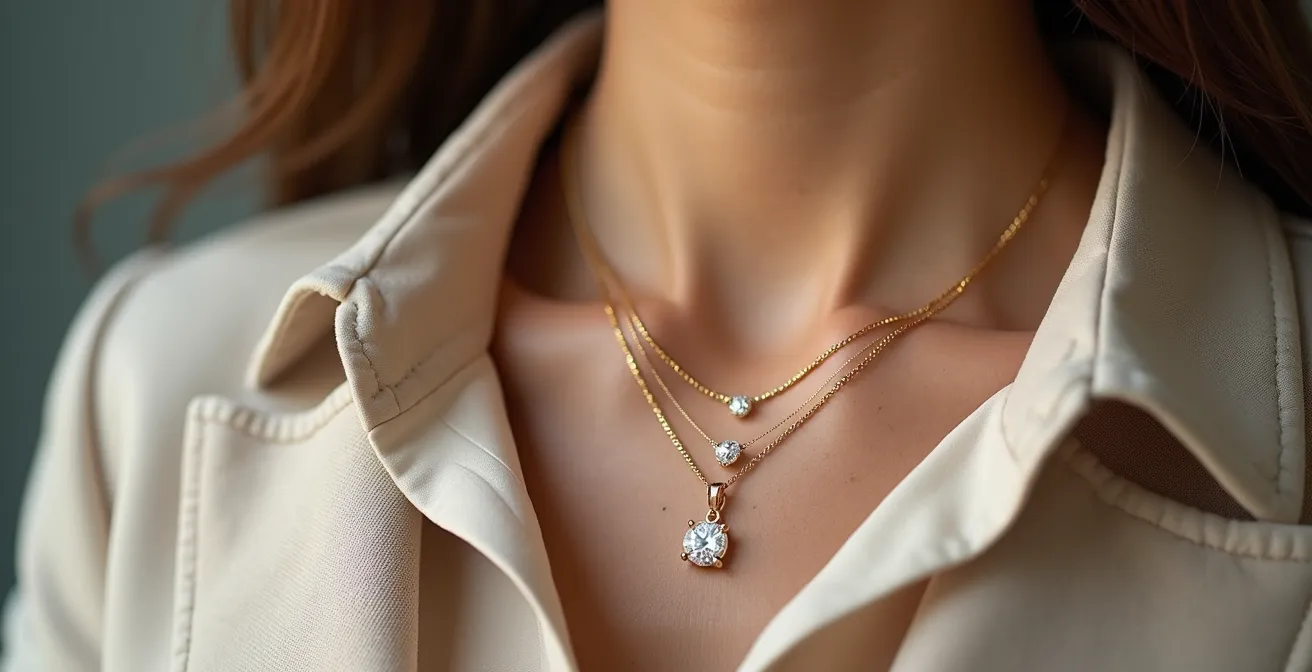 Vue détaillée montrant différentes longueurs de collier sur différents types de décolletés