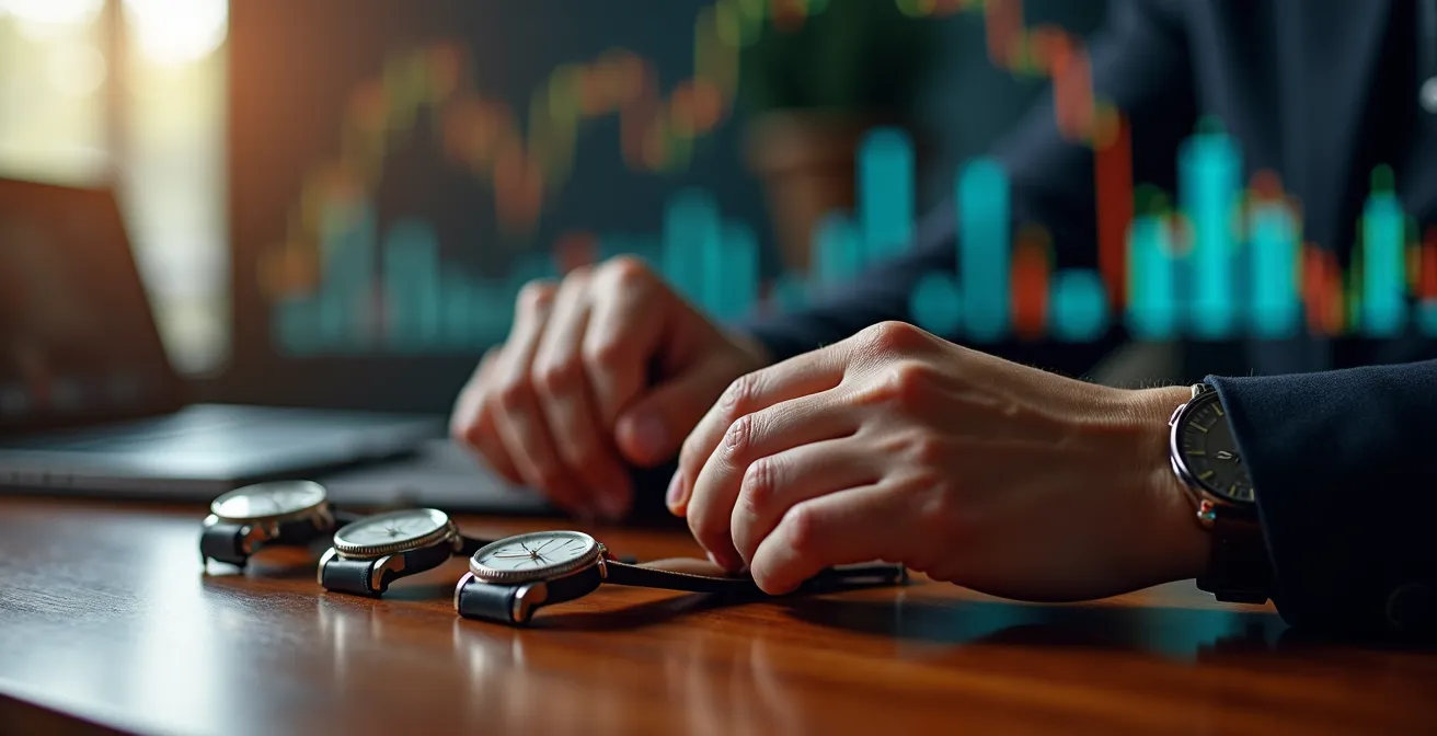 Bureau d'analyste avec graphiques de marché et montres de luxe