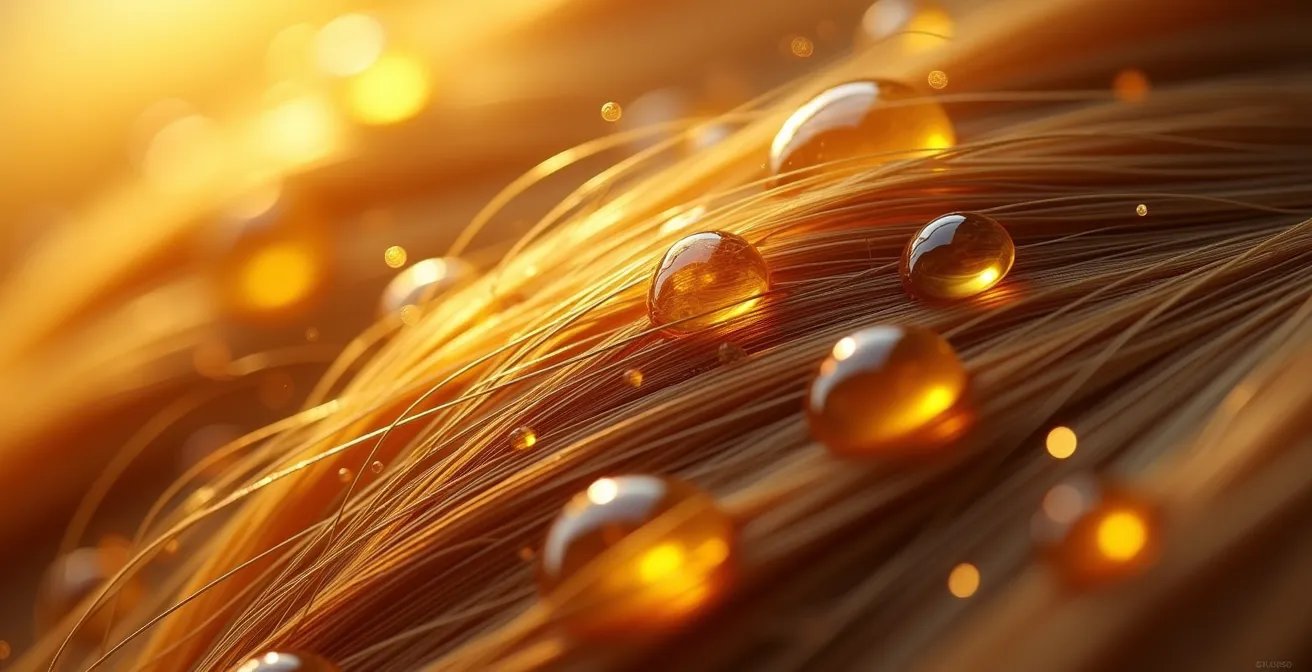 Vue macro de cheveux brillants avec gouttelettes d'huile dorée sur les mèches