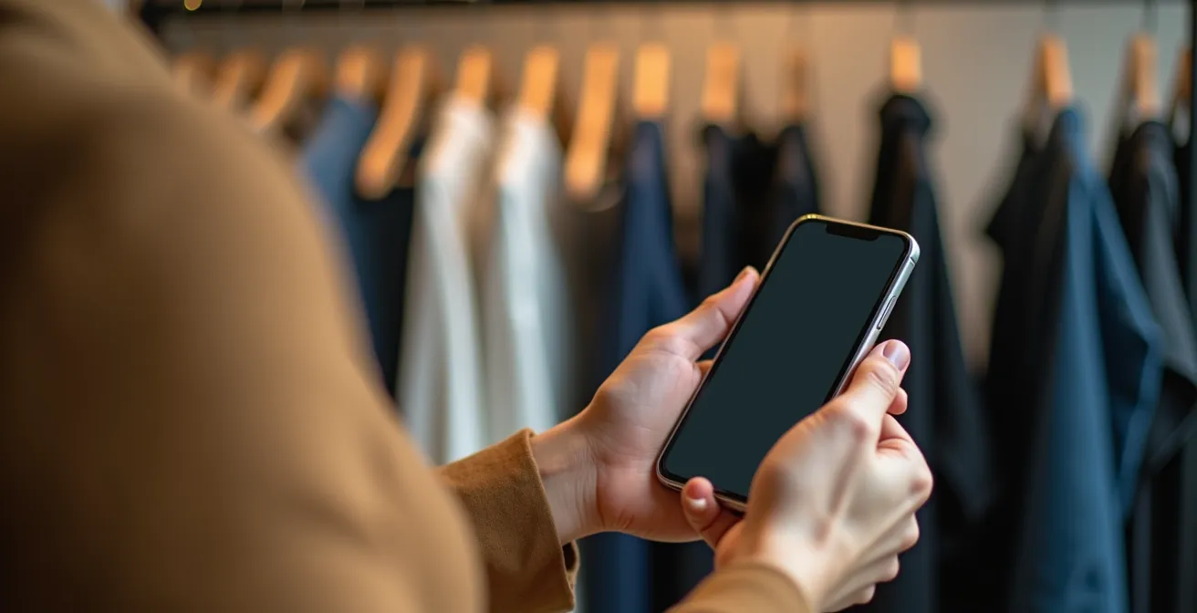 Main tenant un smartphone avec analyse de mode éthique, environnement de shopping conscient