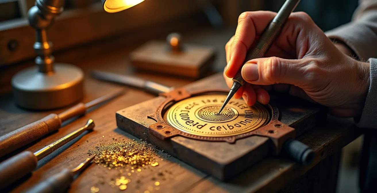 Gros plan sur les mains d'un artisan gravant une médaille dorée dans son atelier