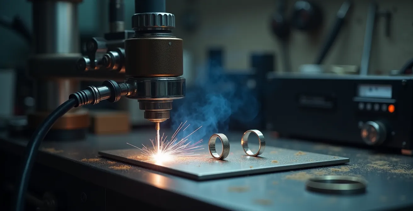 Vue d'atelier montrant un équipement de soudure laser spécialisé pour le travail du platine