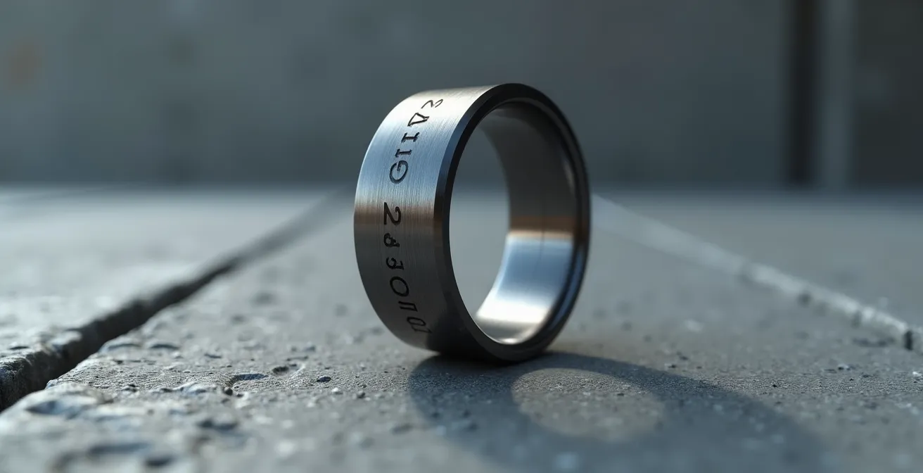 Bague masculine en titane brossé avec gravure de coordonnées GPS sur surface minimaliste