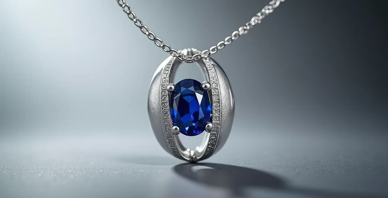 Gros plan sur un pendentif réversible, montrant un côté en métal brossé sobre et un autre avec une pierre précieuse, symbolisant l'adaptabilité.