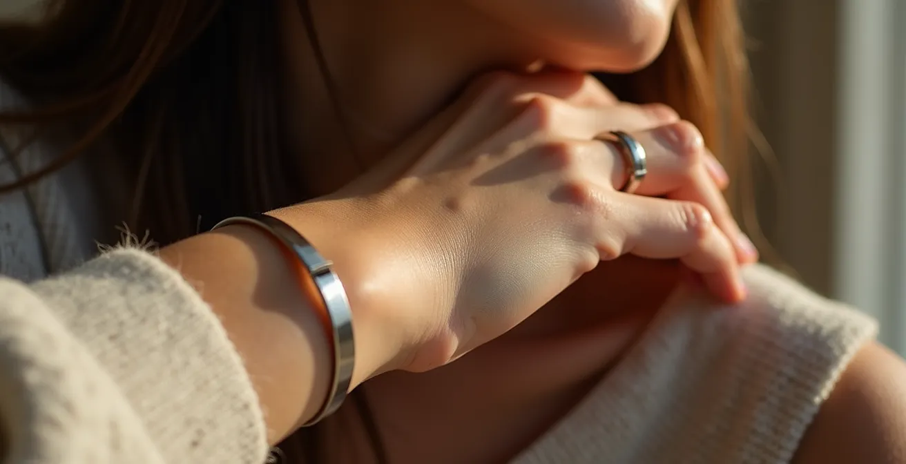 Détail macro de bijoux en titane portés avec une tenue athleisure