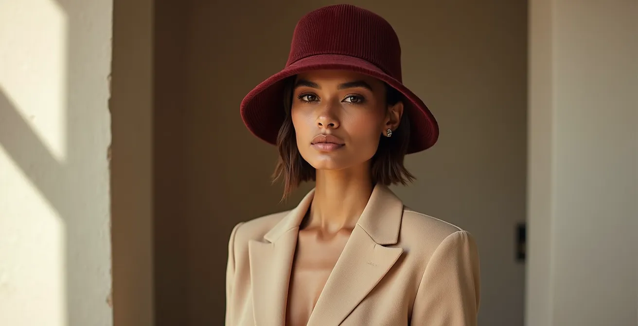 Femme élégante portant un bob en velours côtelé bordeaux avec un tailleur pantalon structuré beige, créant un contraste sophistiqué