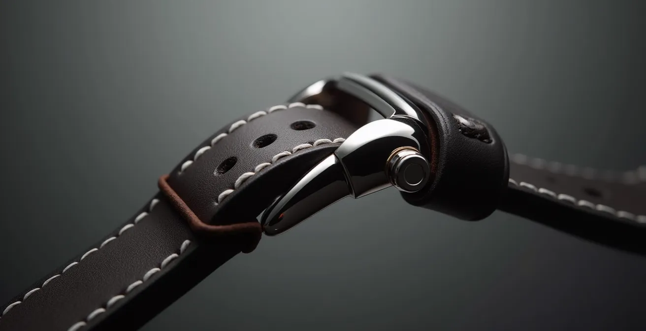 Vue latérale montrant la courbure d'un bracelet épais avec une boucle ardillon créant un point de tension