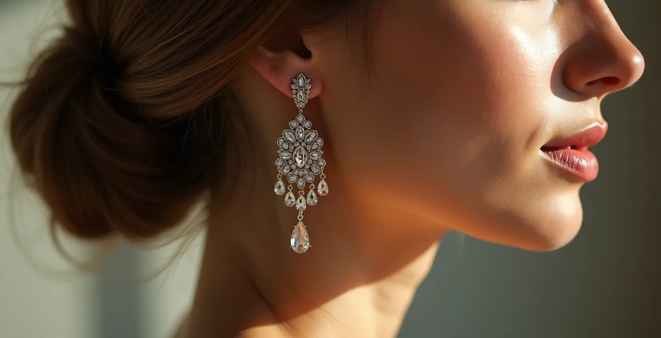 Profil de femme avec chignon élégant et boucles d'oreilles chandelier scintillantes