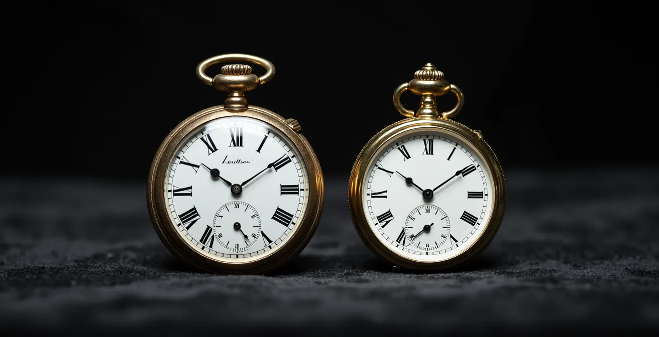 Comparaison visuelle entre un cadran émaillé du 19e siècle parfaitement conservé et un cadran moderne, montrant l'inaltérabilité de l'émail