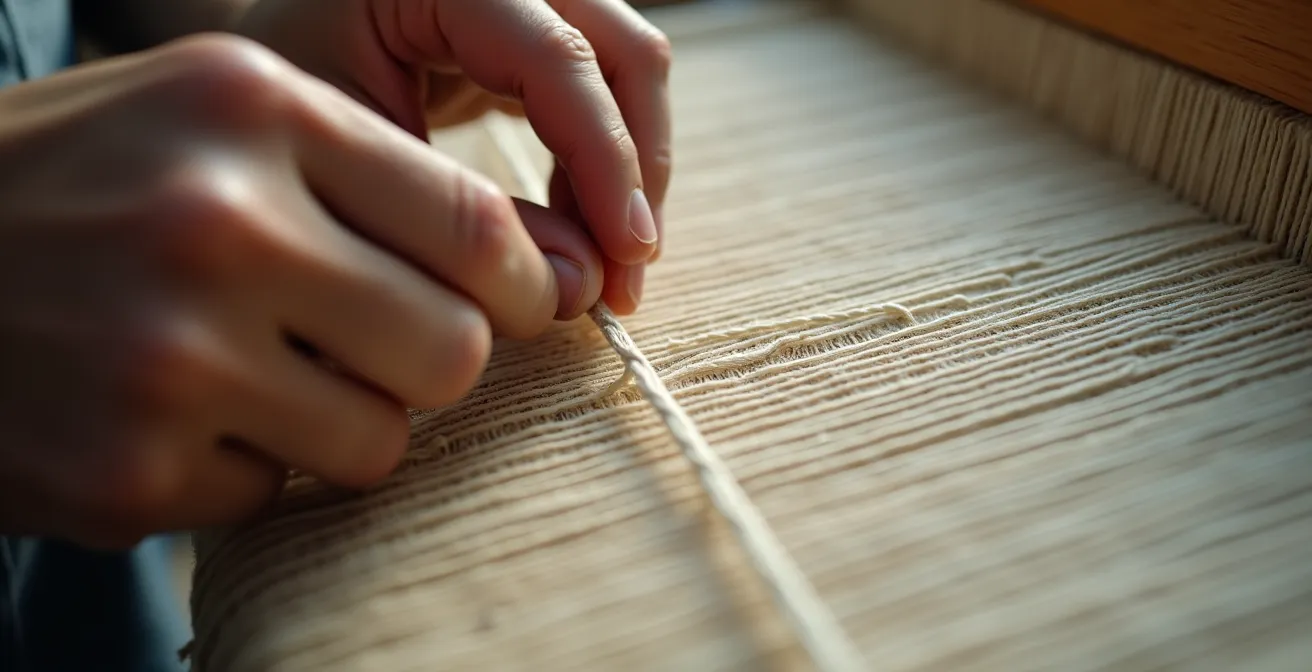 Macro détaillée sur tissage artisanal de lin français montrant la patience du travail manuel