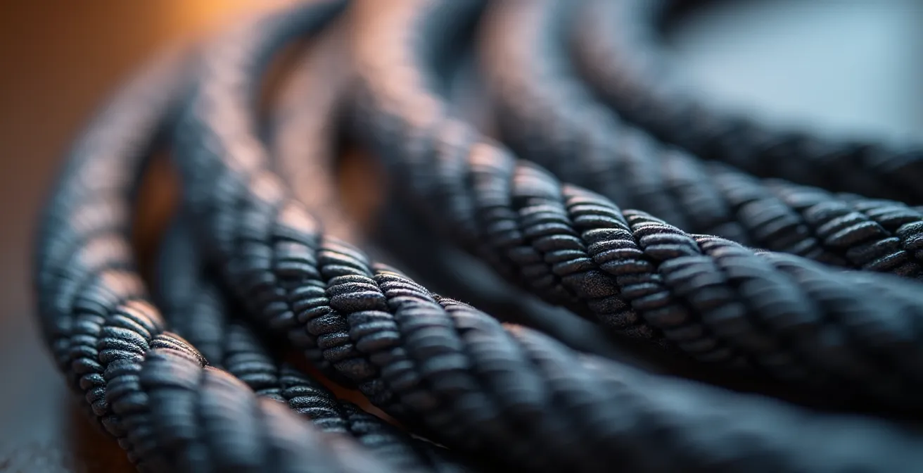 Gros plan macro sur la texture d'un câble de casque filaire entrelacé avec des reflets métalliques