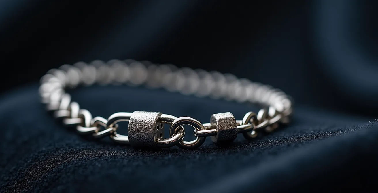 Gros plan sur système de chaîne de confort fixée sur bracelet à charms en argent