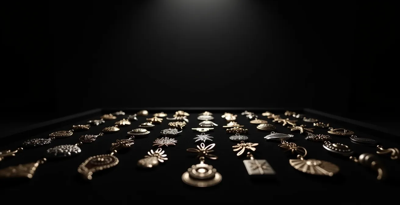 Mise en scène éditoriale de charms collectors disposés sur velours noir avec éclairage dramatique