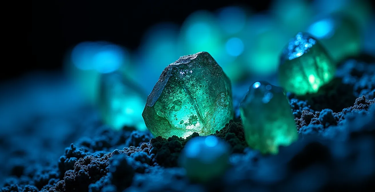 Macro photographique de tourmalines Paraïba aux teintes néon bleu-vert électriques sur fond sombre