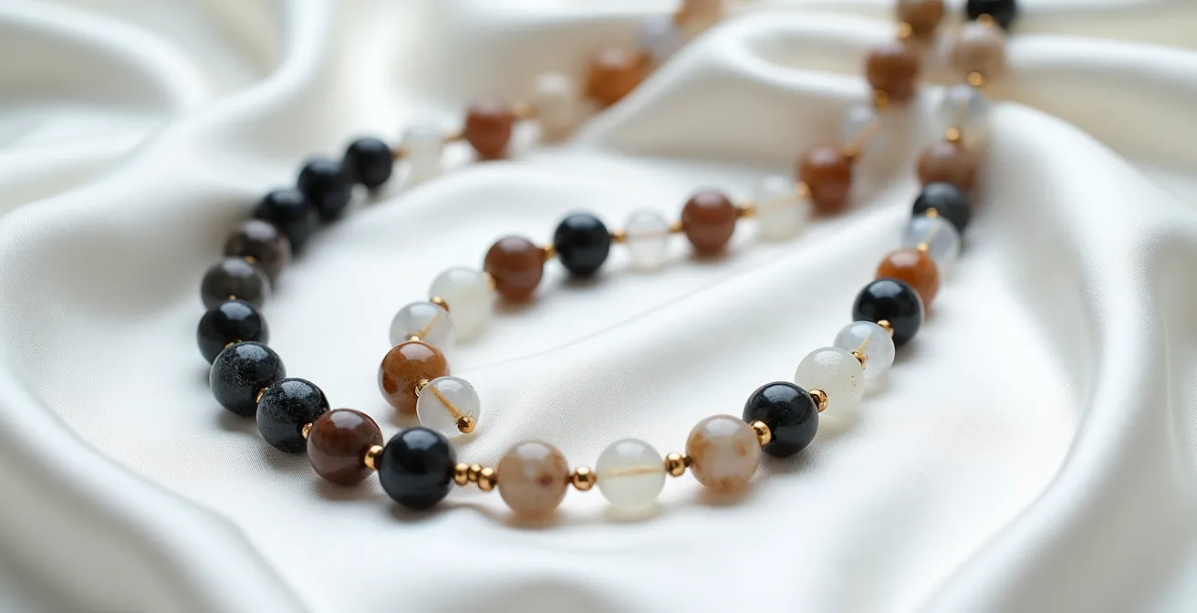 Collier de pierres naturelles harmonieusement assemblées montrant l'équilibre des couleurs et énergies