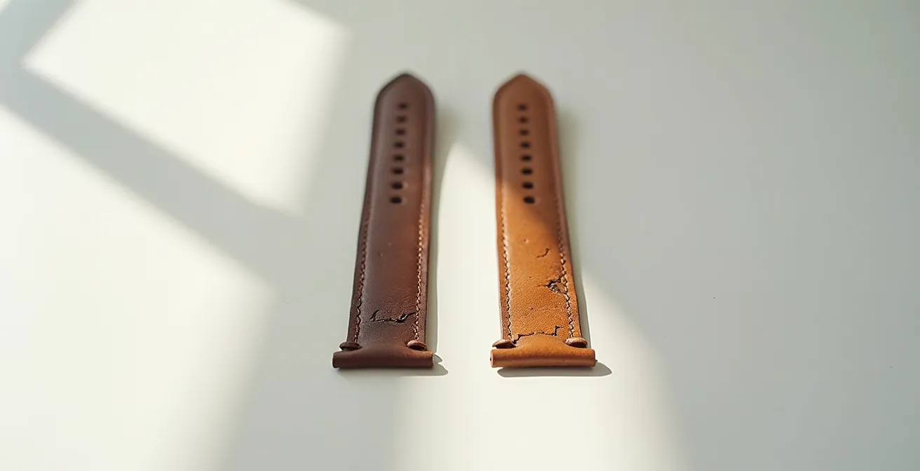 Composition montrant l'évolution dans le temps d'un bracelet cuir patiné versus un similicuir dégradé