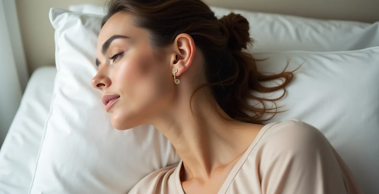 Vue de profil montrant la différence entre une dormeuse et un clou d'oreille porté