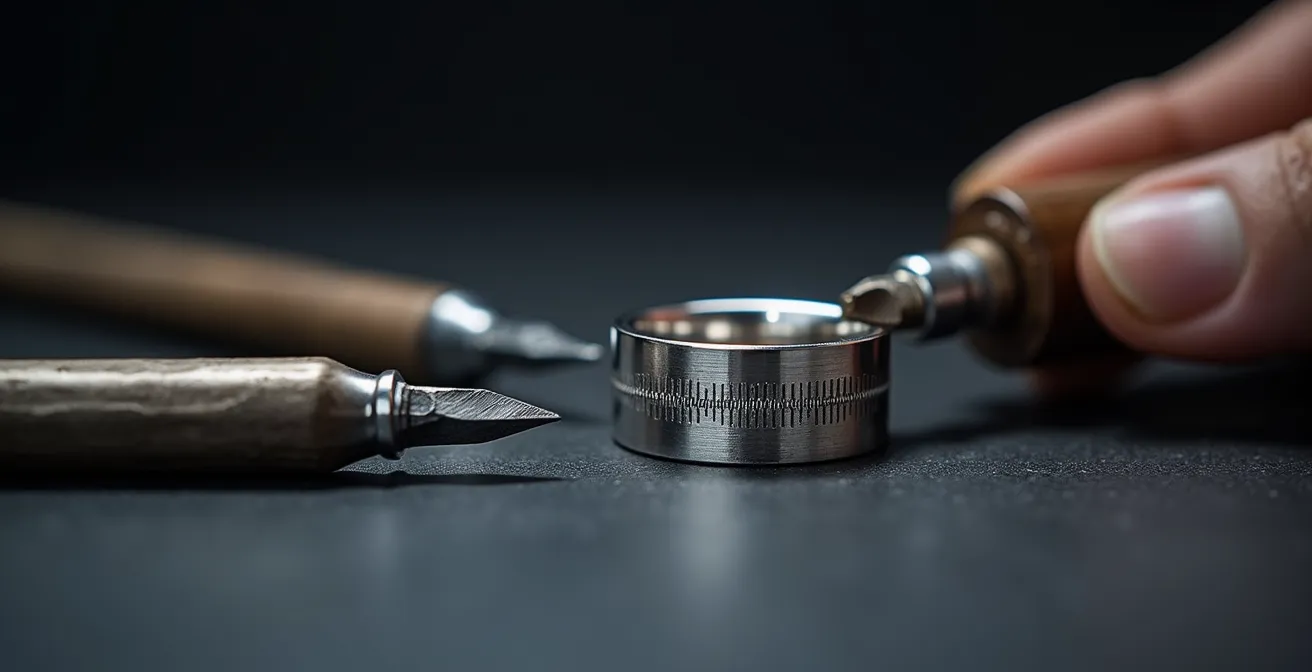 Vue rapprochée montrant une onde sonore gravée au laser sur un anneau métallique avec des outils de gravure traditionnels en arrière-plan