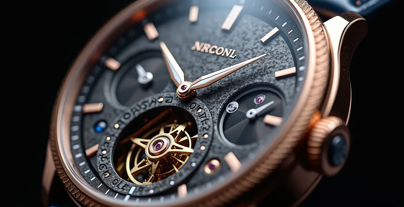 Vue macro détaillée d'un mouvement horloger complexe avec finitions artisanales