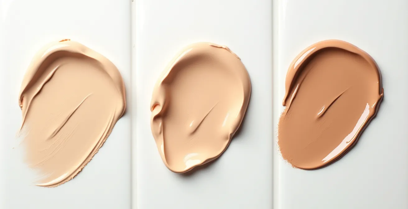 Vue macro de trois textures de fond de teint appliquées avec différents outils sur une surface neutre