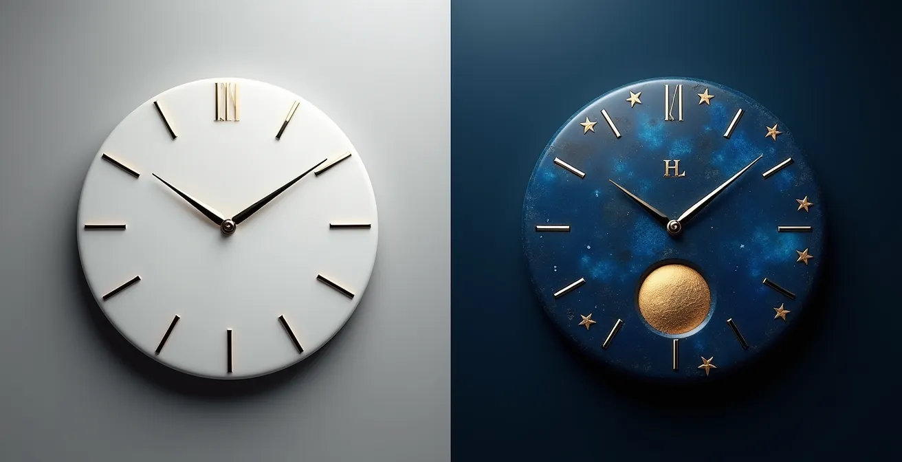 Comparaison visuelle entre un cadran avec phase de lune poétique et un cadran avec date simple minimaliste