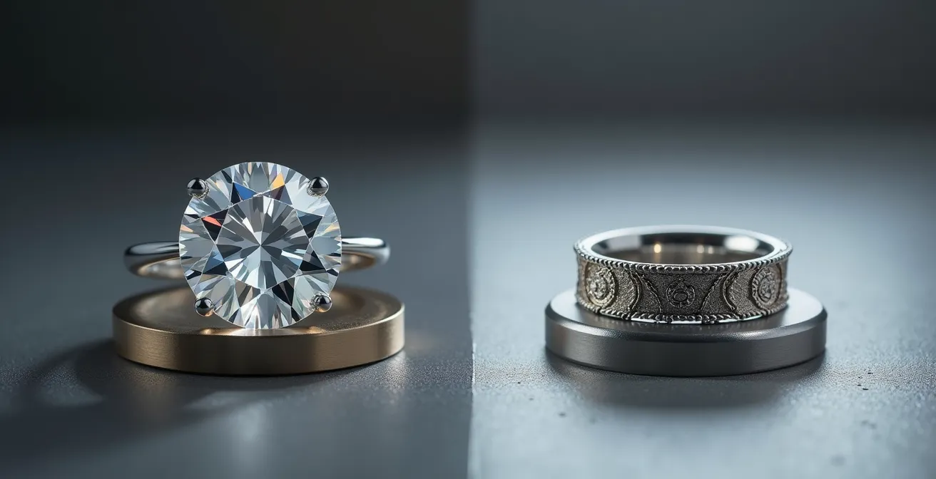 Diamant non monté à côté d'une bague signée sur un plateau, symbolisant le choix d'investissement.