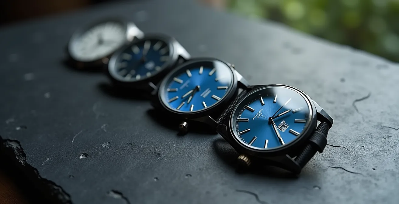 Trois profils de montres montrant les différentes formes de verre saphir et leur impact sur la lisibilité