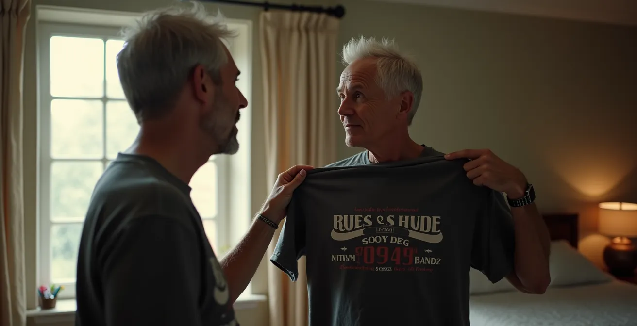 Portrait émotionnel d'une personne tenant un vieux vêtement face à son reflet, lumière naturelle de fenêtre