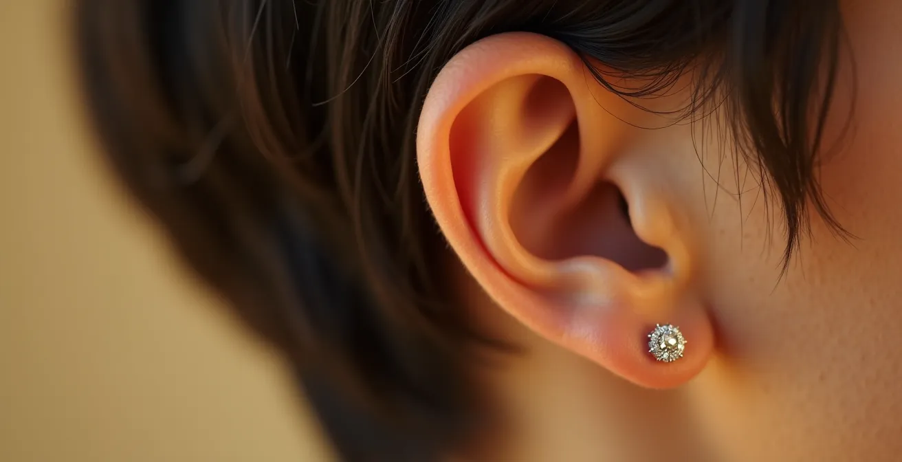 Femme avec coupe pixie courte portant des puces d'oreilles diamant, vue trois-quarts pour montrer l'effet minimaliste