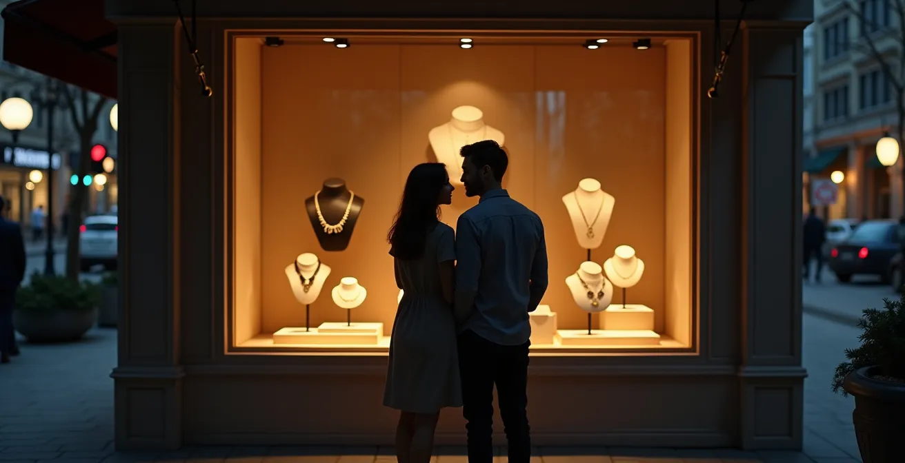Couple regardant discrètement des bijoux dans une vitrine de joaillerie