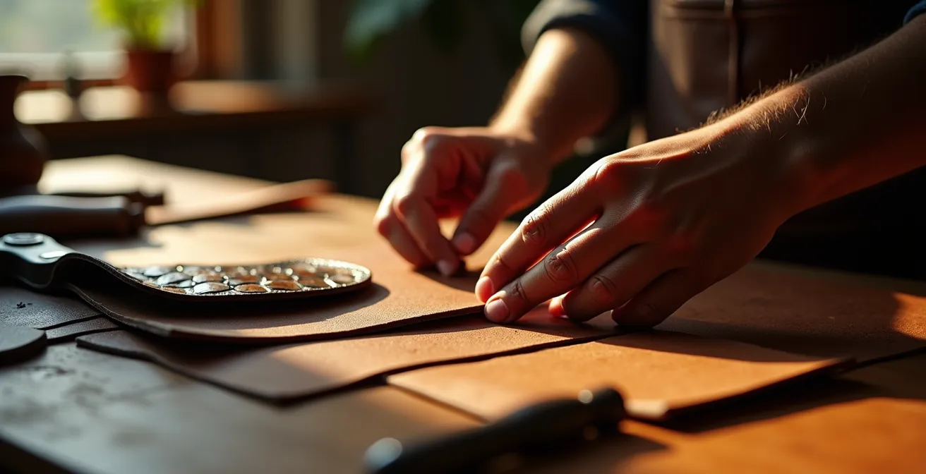 Échantillons de cuirs nobles pour bracelets disposés artistiquement avec jeux de lumière
