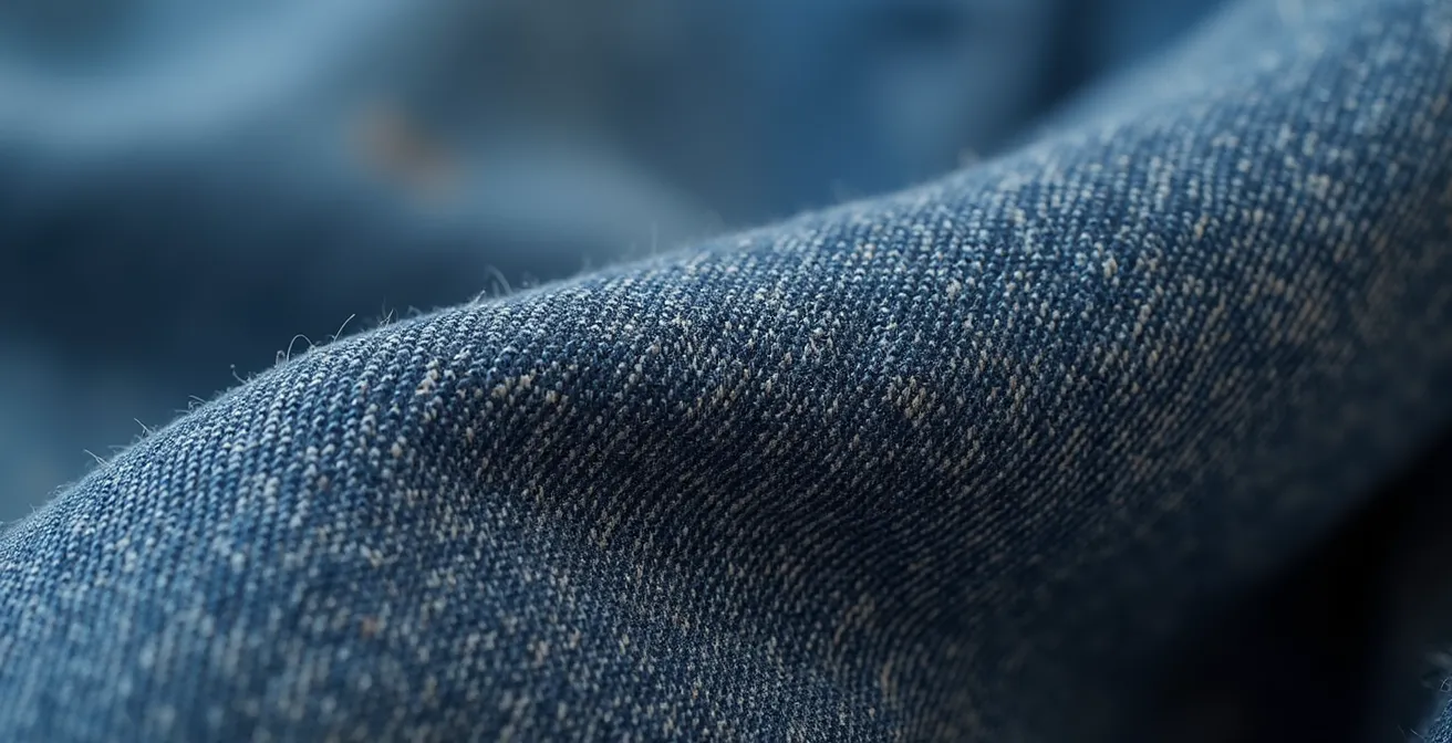 Détail macro de la texture et patine d'un denim vintage années 90