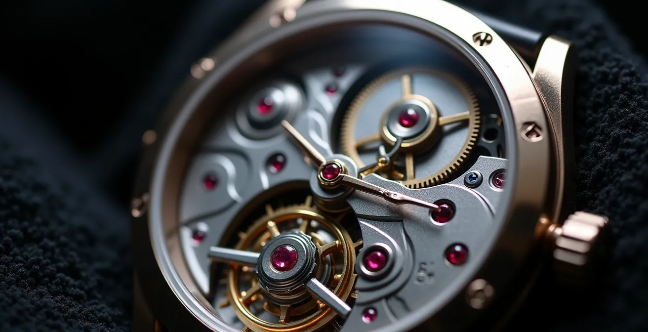 Gros plan macro sur un mécanisme horloger avec loupe d'horloger