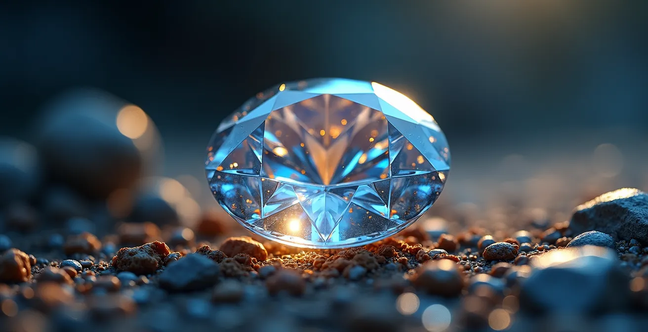 Gros plan artistique sur un diamant naturel avec ses inclusions uniques visibles