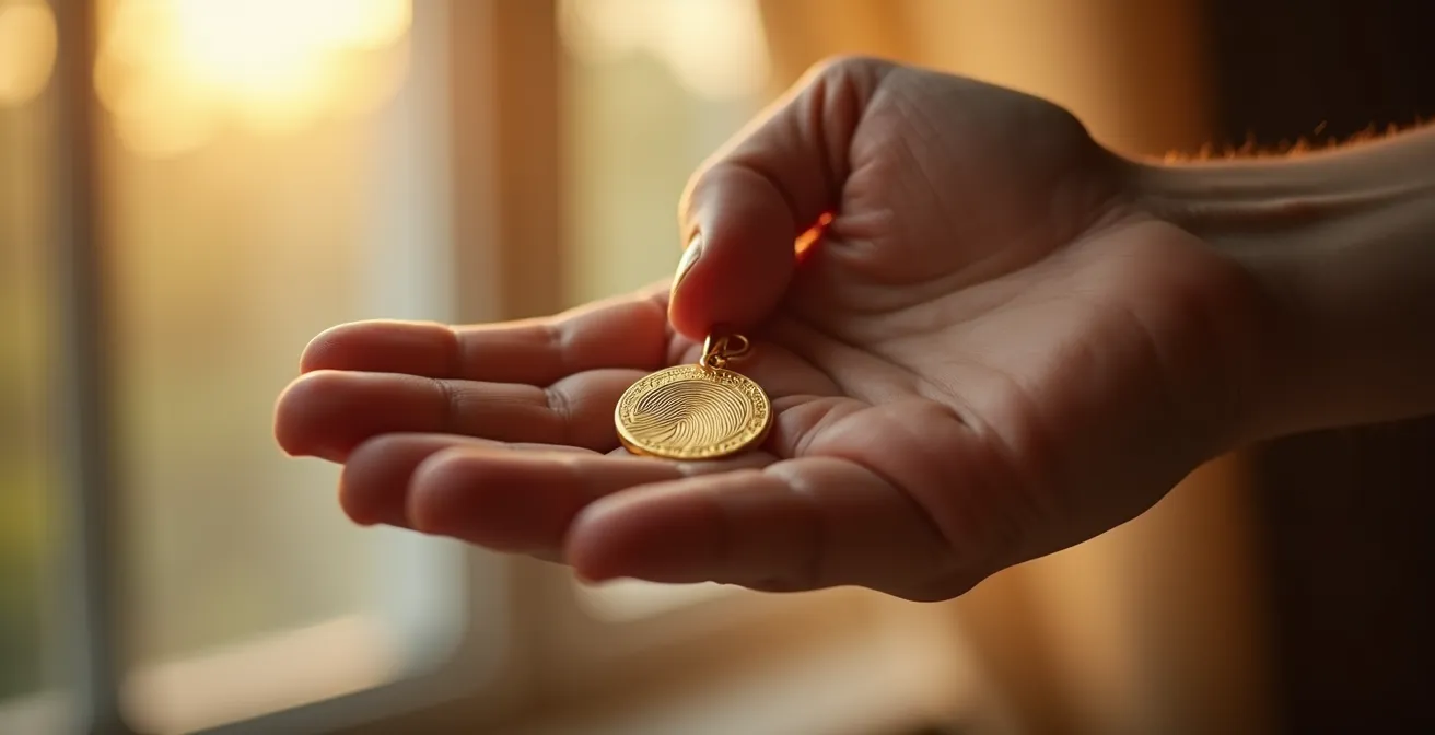 Main d'adulte tenant délicatement un médaillon doré avec empreinte digitale gravée