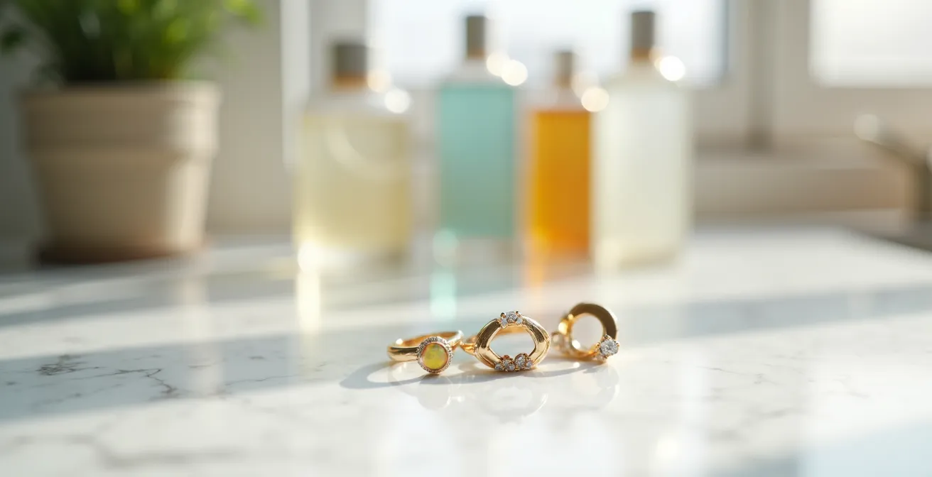 Nature morte montrant des bijoux en or blanc entourés de produits ménagers à éviter