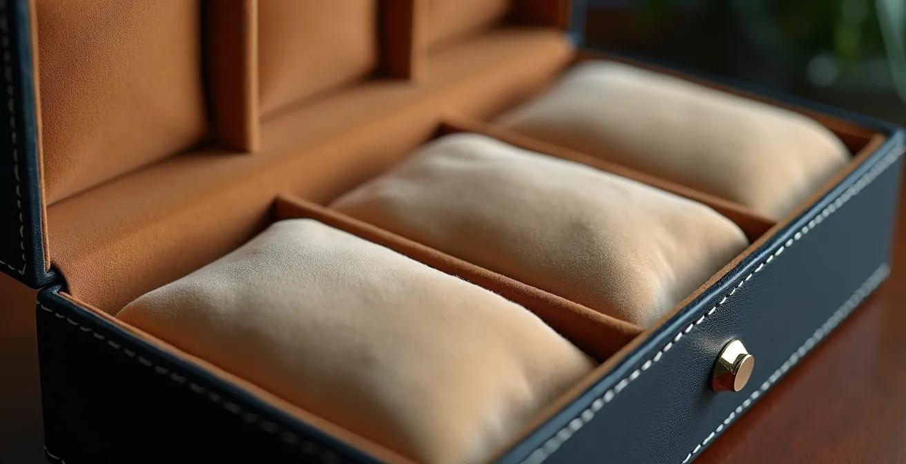 Étui de voyage pour montres ouvert montrant l'organisation intérieure avec compartiments