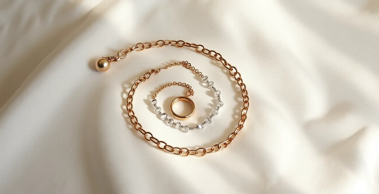 Collection de bijoux disposés en progression symbolisant l'évolution d'une relation amoureuse