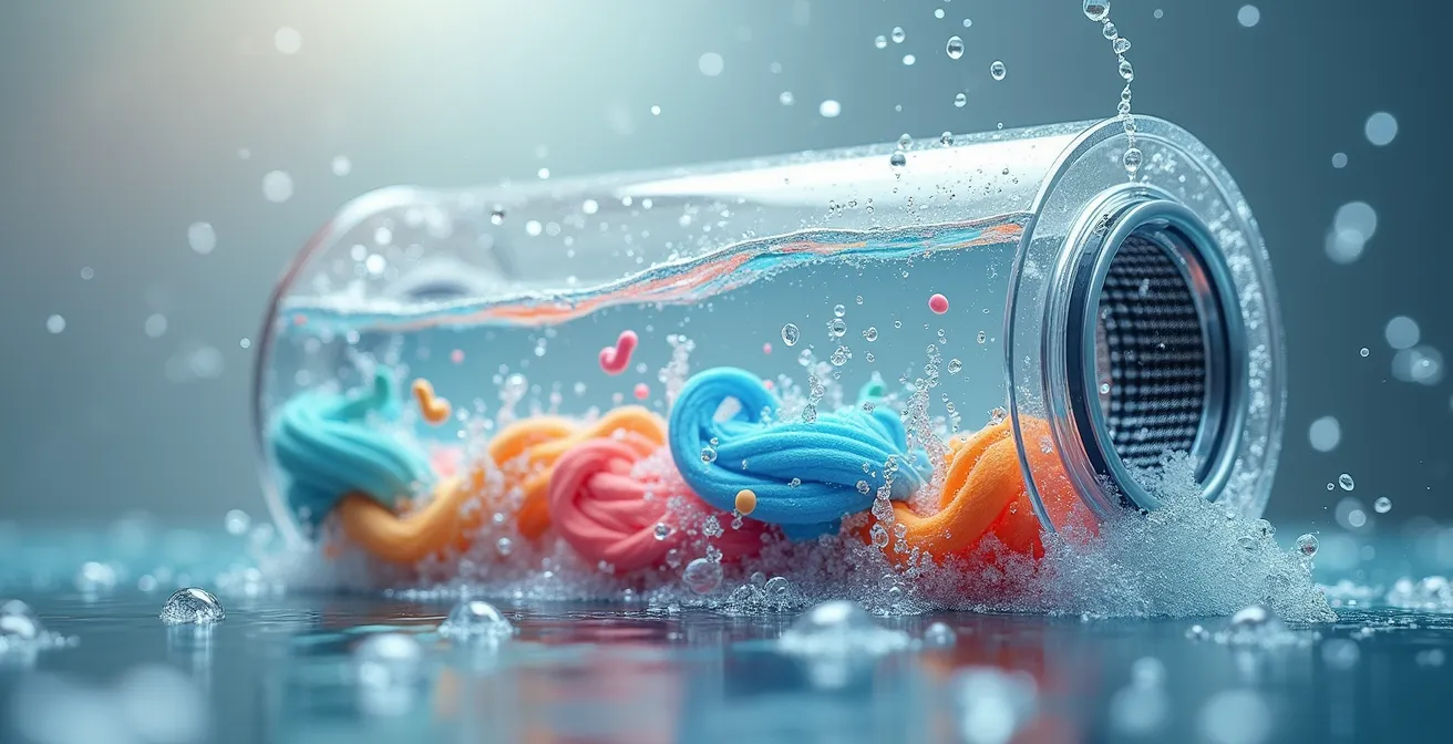 Vue macro de fibres textiles dans l'eau avec effet de filtrage visible