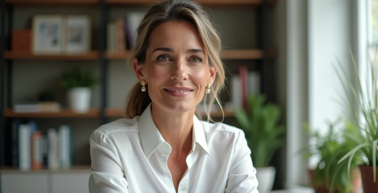 Portrait d'une femme professionnelle en chemise structurée lors d'une visioconférence