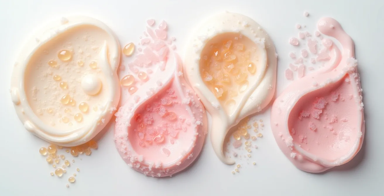 Texture macro de crème cosmétique montrant différentes phases d'émulsion