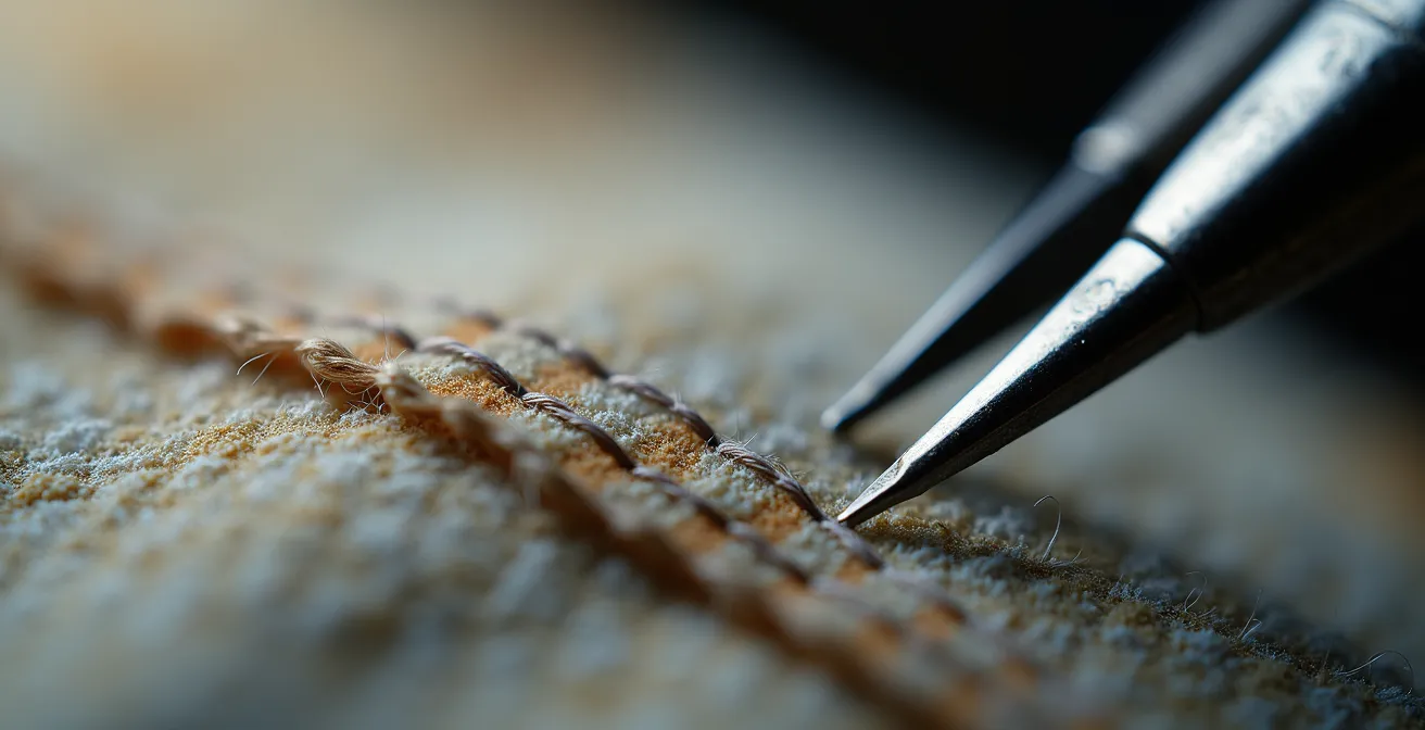 Inspection minutieuse des coutures d'un vêtement vintage avec loupe