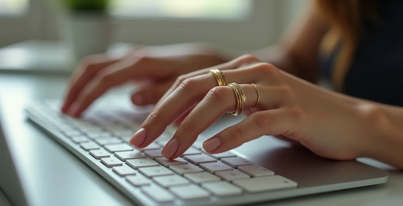 Mains de femme avec accumulation de bagues fines dorées tapant sur un clavier d'ordinateur