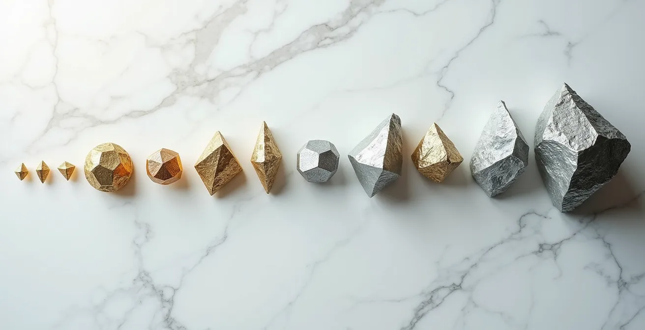 Composition artistique montrant la progression des matériaux d'anniversaire de mariage de l'étain au diamant