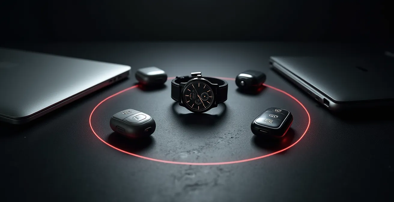 Montre de luxe entourée d'objets électroniques du quotidien potentiellement magnétiques