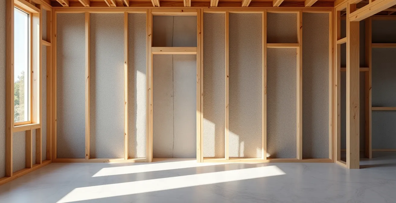 Panneaux d'isolation en fibres textiles recyclées installés dans une structure de bâtiment