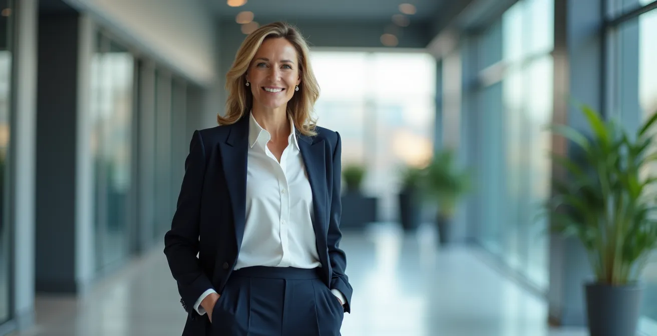 Tenue professionnelle avec pantalon large dad pants, blazer structuré et accessoires élégants