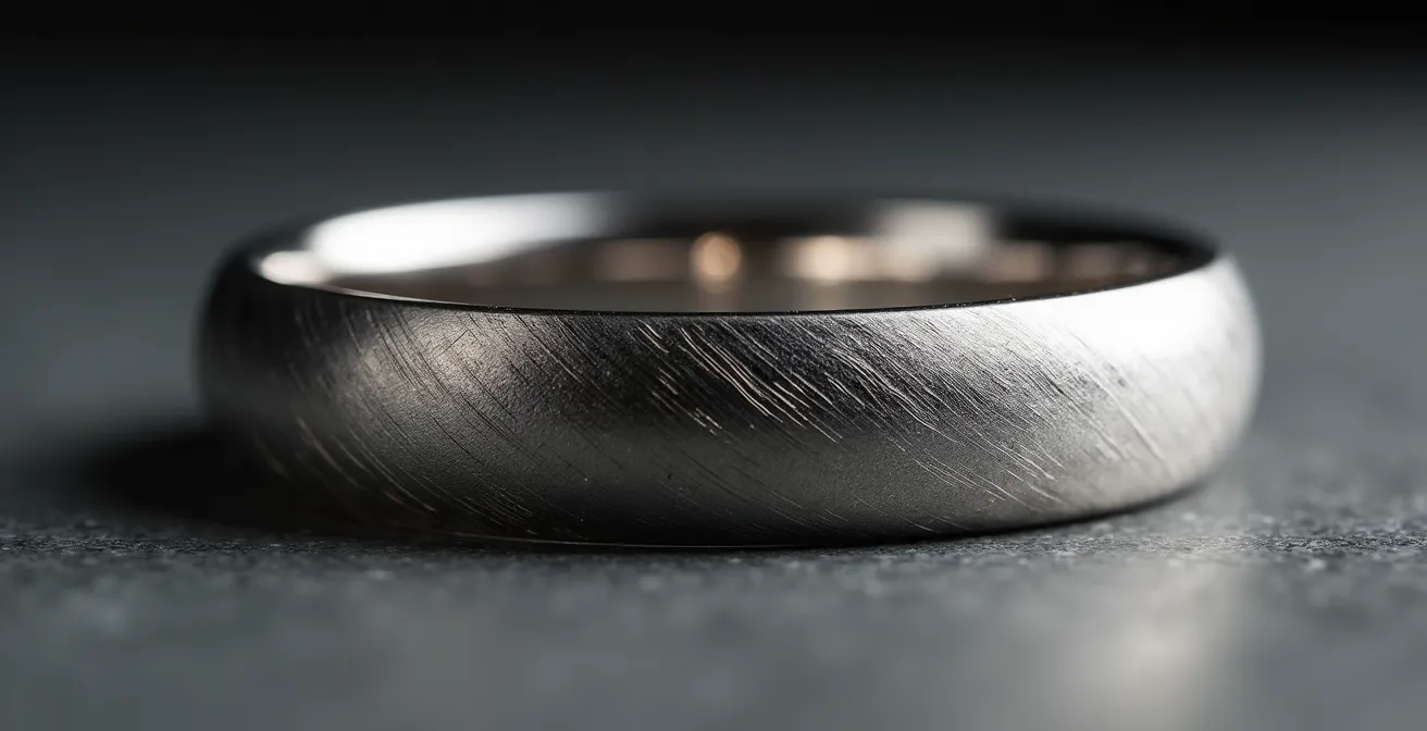 Gros plan sur la surface patinée d'une alliance en platine montrant sa texture satinée caractéristique