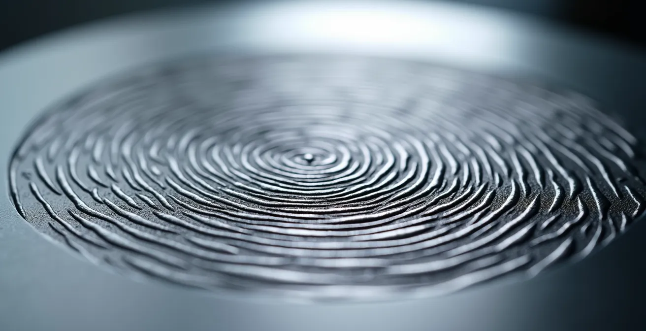 Vue macro d'une empreinte digitale gravée sur surface métallique polie avec jeux de lumière