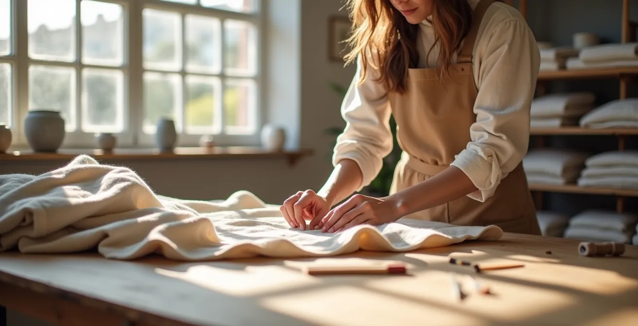 Atelier de couture éthique avec tissus naturels et production artisanale en petite série